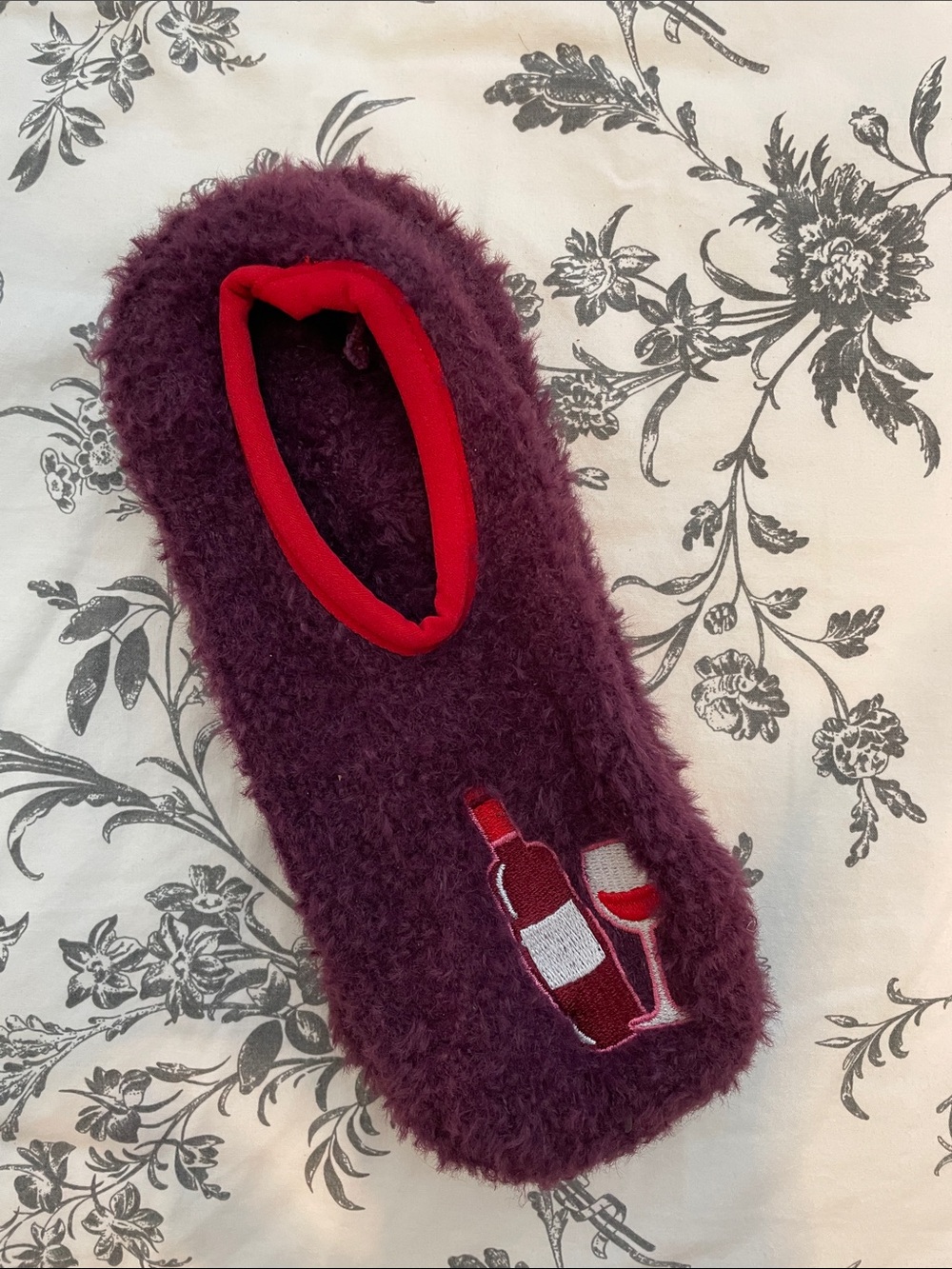 Plush Wine Bottle Embroidered Fuzzy Slipper Sock - Plum